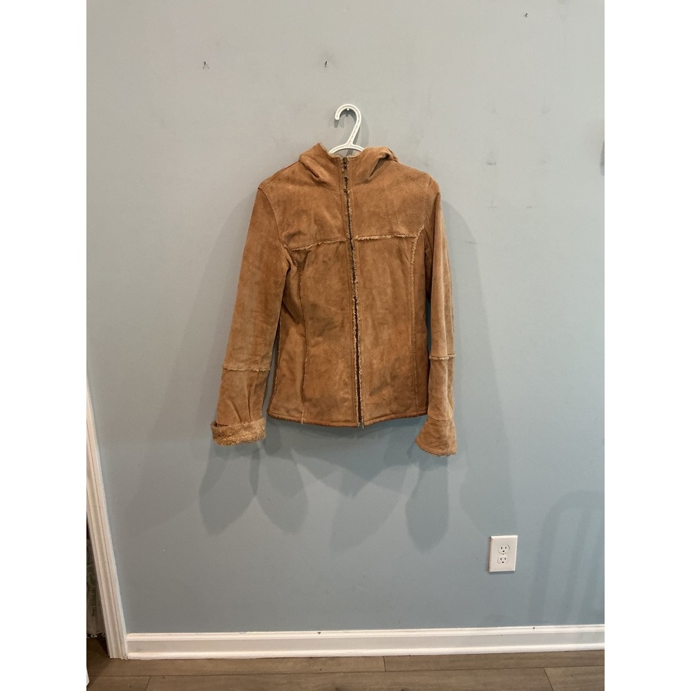 Vintage Womens Suede Jacket Faux Fur Trim Hood Penny Lane Coat Y2K Hippie Boho S